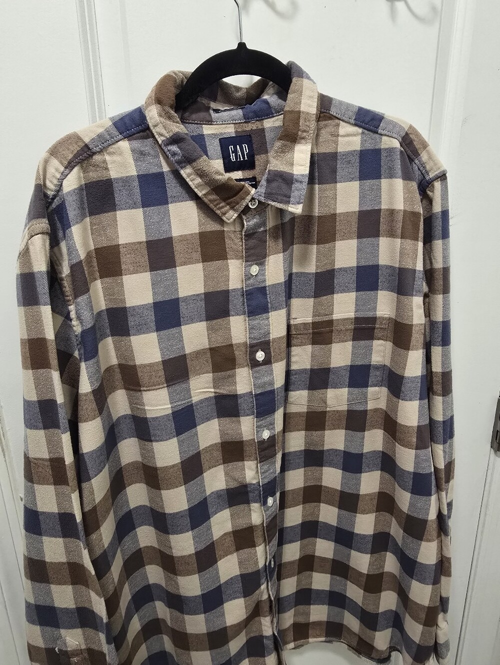 GAP Mens XXL Plaid Cotton Long Sleeve Button Down Shirt Blue Brown White
